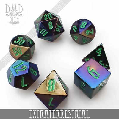 dnd DICE SET 7 EXTRATERRESTRIAL Metallic Green/Yellow/Purple w/ Green