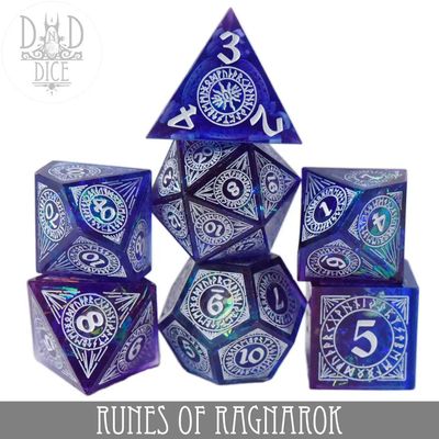 dnd DICE SET 7 HANDMADE - RUNES OF RAGNAROK Blue w/ Rainbow Foil &amp; White