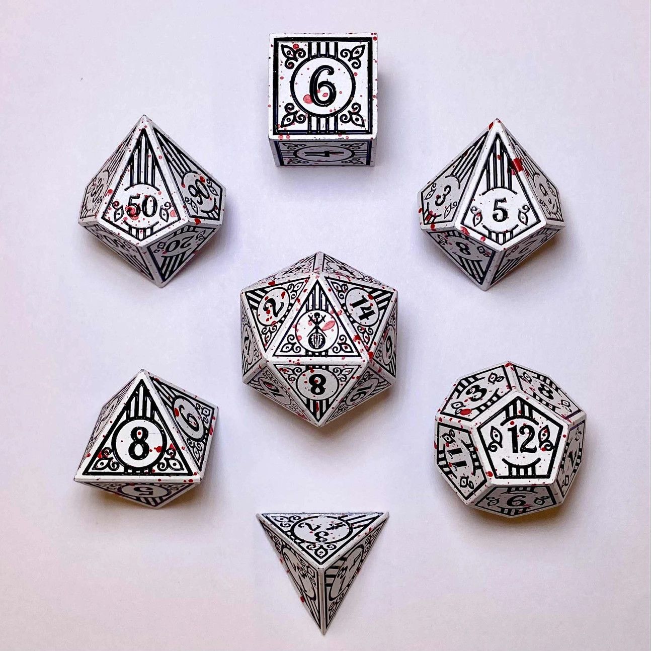 hym DICE SET 7 METAL BARD White w/ Blood Spatter &amp; Black
