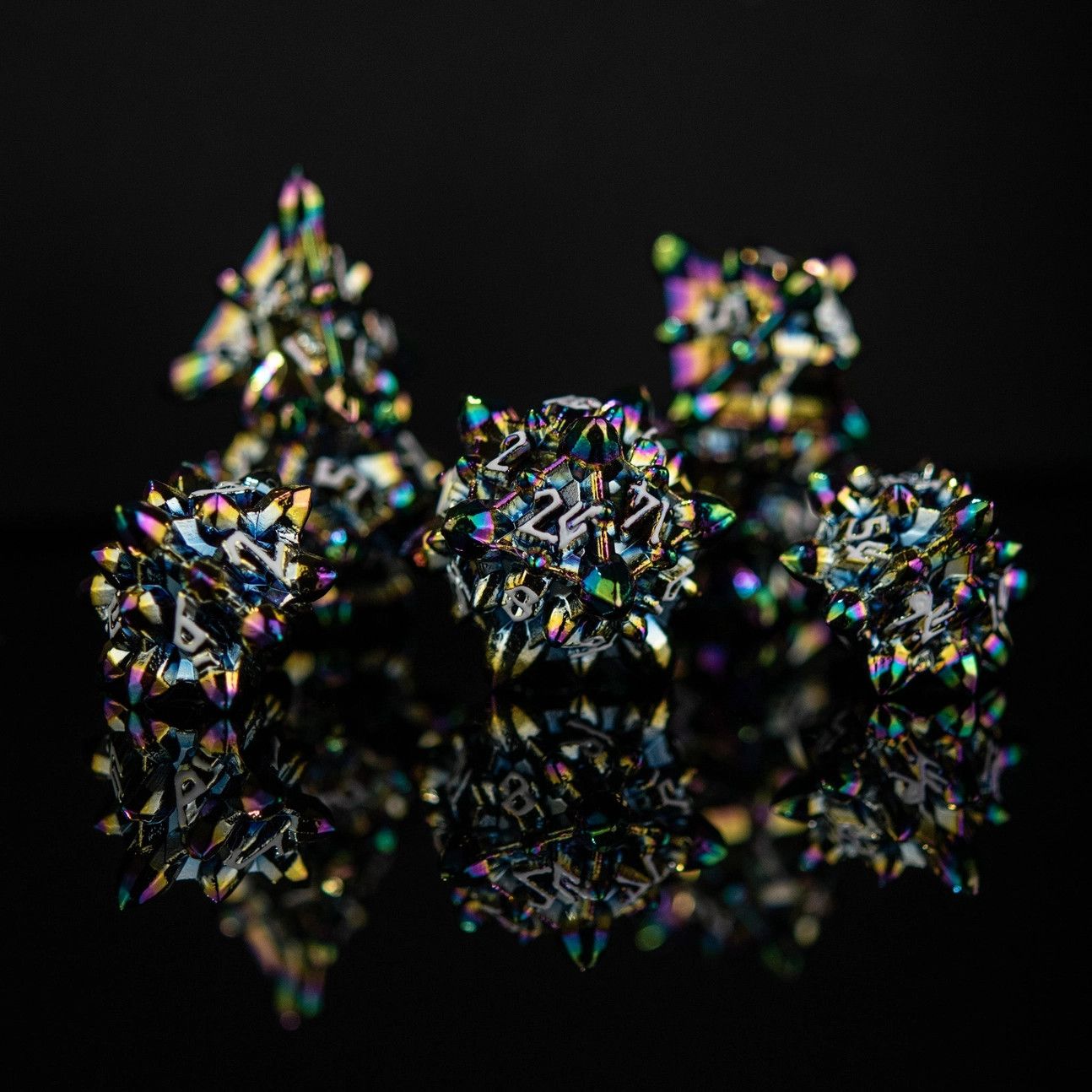 mmg DICE SET 7 METAL ASTEROID FIELDS IRIS Dark Rainbow w/ Silver