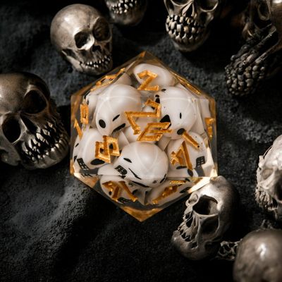 DICE D20 30mm CORPSE GOLD Clear w/ Skulls