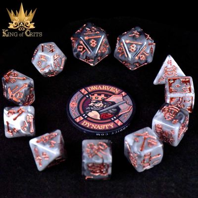 dnd DICE SET 11 DWARVEN DYNASTY Grey &amp; White w/ Copper