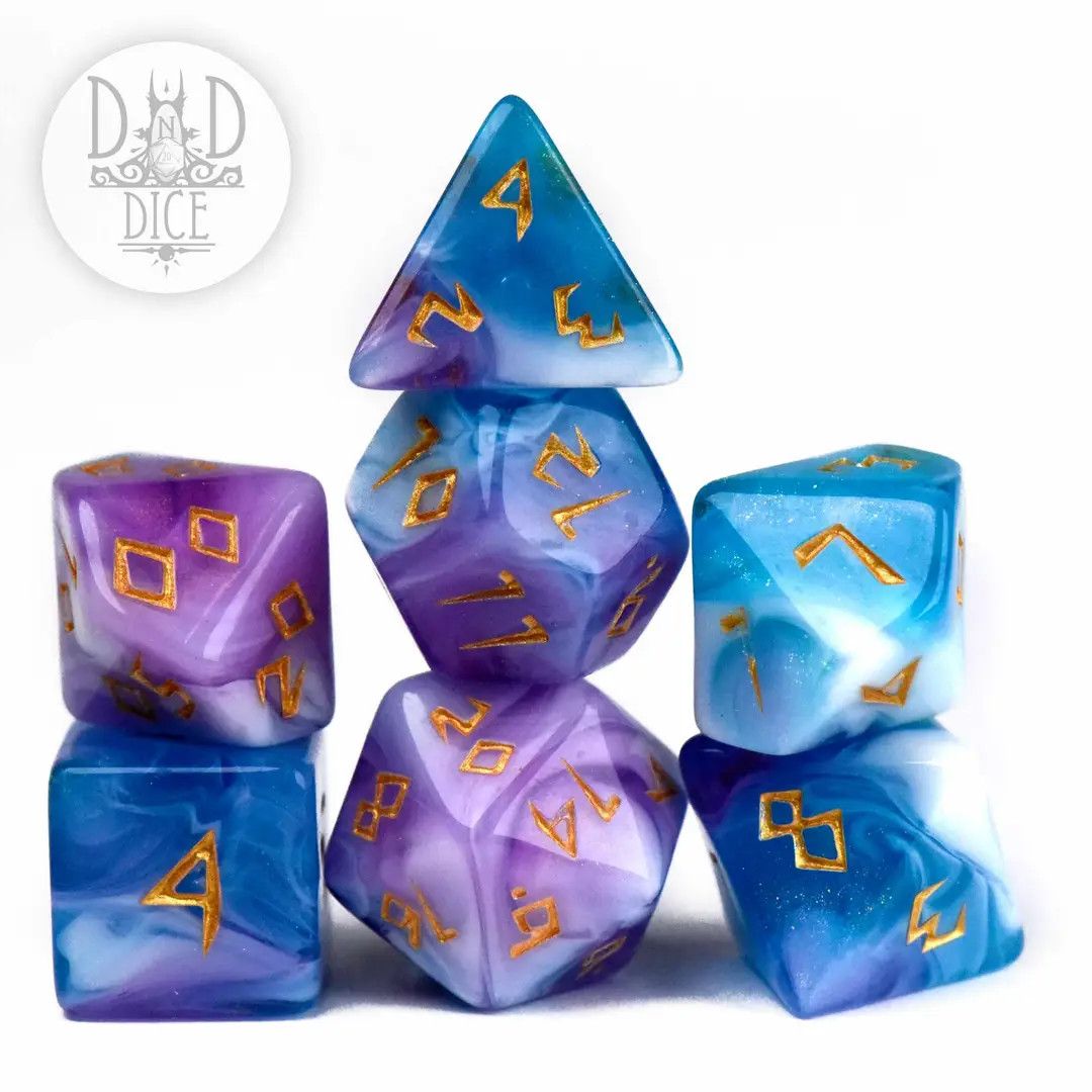 dnd DICE SET 7 QUIZZICAL RUNES Blue, Purple &amp; White w/ Bronze
