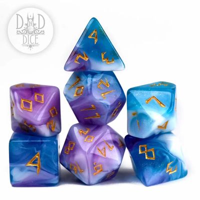 dnd DICE SET 7 QUIZZICAL RUNES Blue, Purple &amp; White w/ Bronze