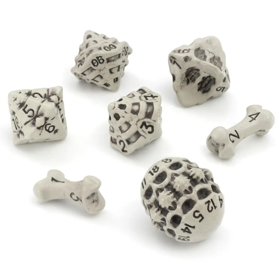 ly DICE SET 7 SKULL &amp; BONE "Cleaned White" w/ Black