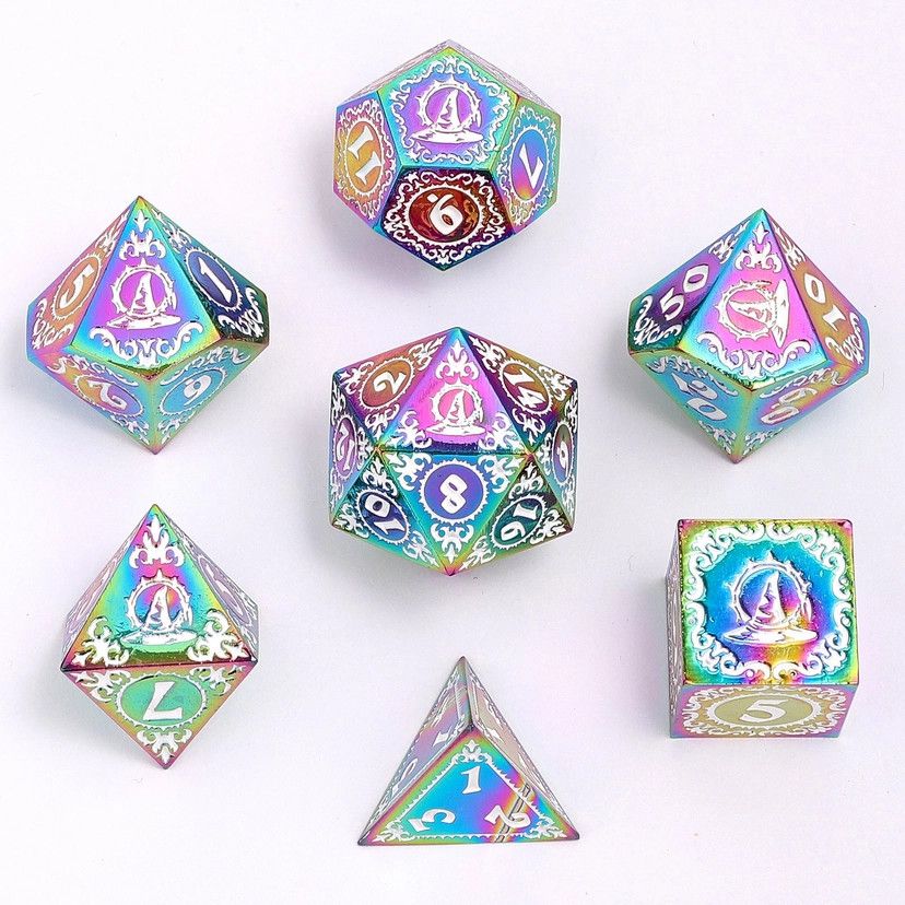 hym DICE SET 7 METAL Wizard Rainbow w/ White