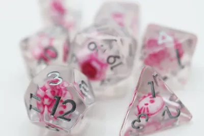 fb DICE SET 7 RESIN ANIME KITTY Clear &amp; Pink w/ Black