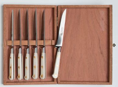 Steak Knife 6 Set Thiers France White Micarta with Wood Box