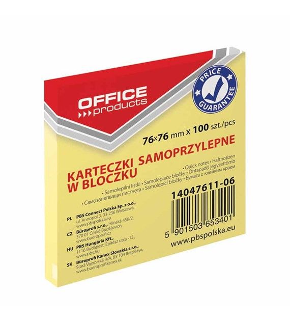 Bloczek samop. 76X76 Office Products pastel żółty