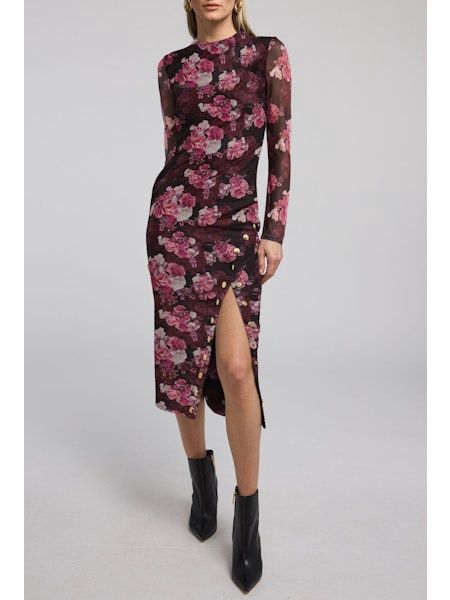 MONIQUE FLORAL BURGUNDY FLEUR MESH DRESS