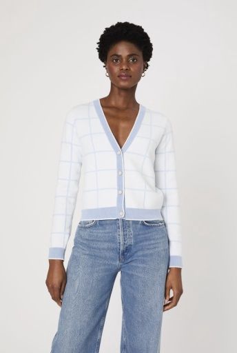Lena Windowpane Cardigan, Colour: White/Blue, Size: XL