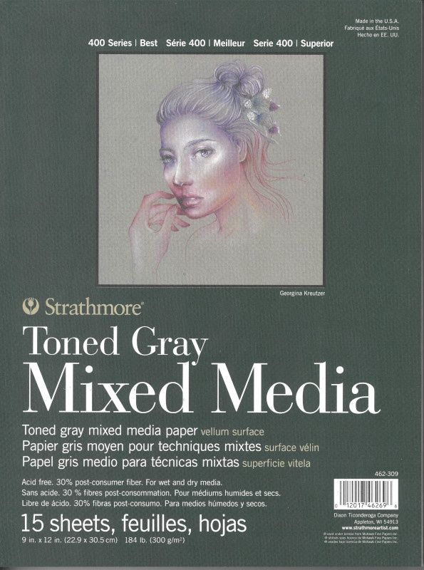 Papier pour techniques mixtes gris moyen 184lb (300g) 9x12 (15 feuilles) série 400 Strathmore