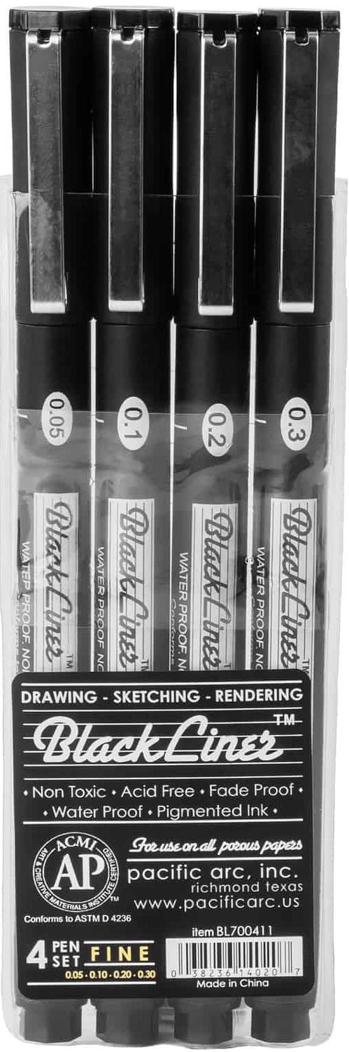 Blackliner Fine Line Drawing Pen, set of 4 - Fine .05/.10/.20/.30 Pacific arc