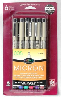 Crayons stylos d'encre d'archival ens. couleur (6) no.005 Pigma Micron Sakura