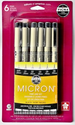 Crayons Stylos d'encre d'archivage noir ens. de 6 no 005 Pigma Micron Sakura