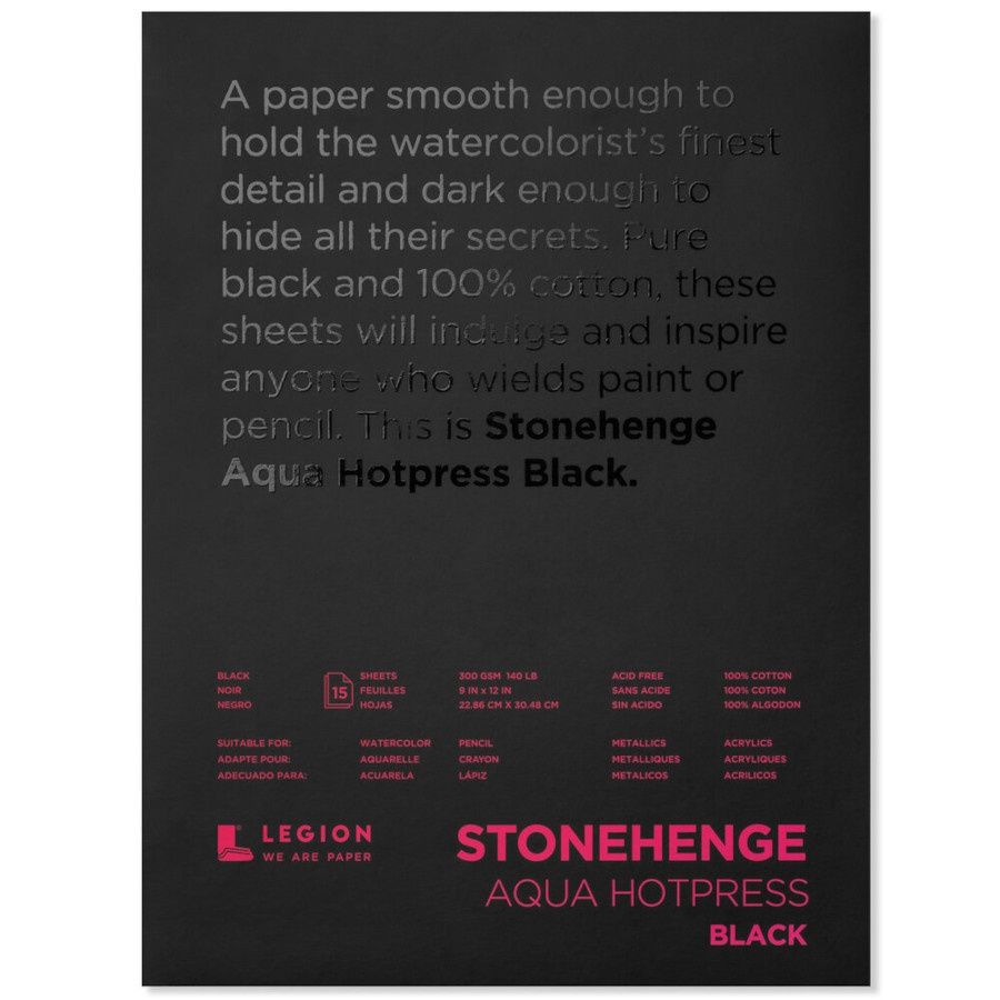 Watercolour Black Paper 100% cotton 140lbs Hotpress 9"X12" Stonehenge (15 sheets)