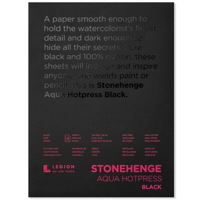 Watercolour Black Paper 100% cotton 140lbs Hotpress 9"X12" Stonehenge (15 sheets)