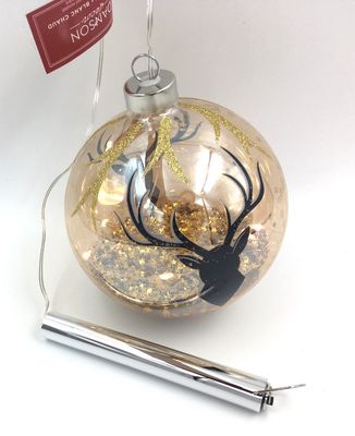 Boule de verre lumineuses avec paillettes et tête de chevreuil 12cm