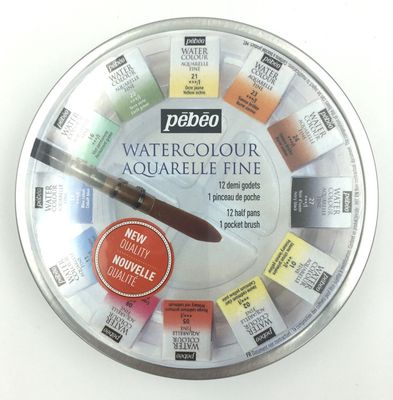 Aquarelle fine - 12 demi godets et 1 pinceau de poche Pébéo
