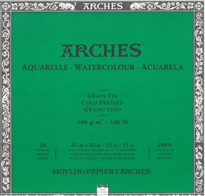 Bloc de papier aquarelle pressé à froid 12" x 12" - 140lb / 300gsm blanc naturel Arches®