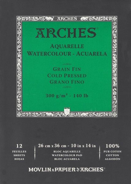 Tablette de papier aquarelle pressé à froid 10" x 14" - 140lb 100% coton blanc naturel Arches®