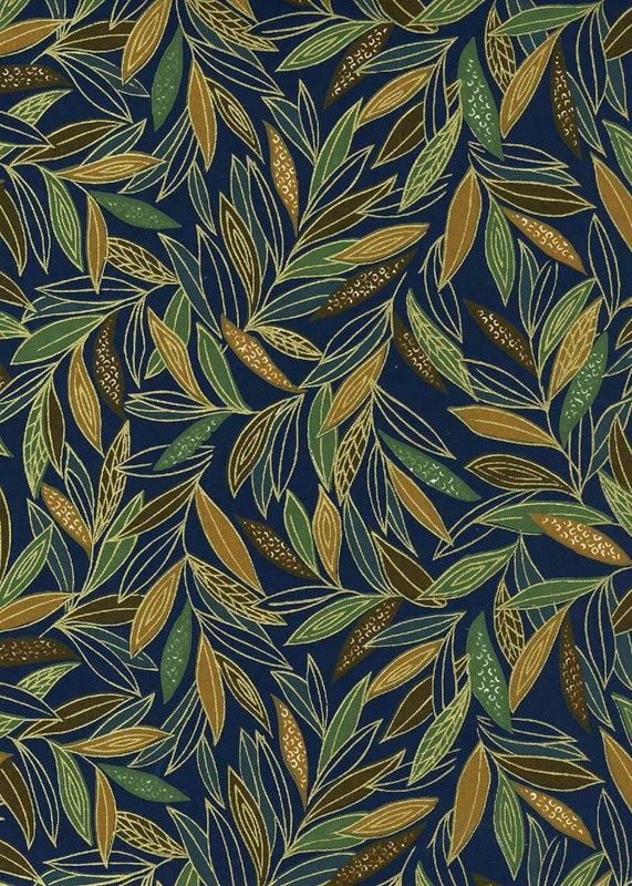 Papier Chiyogami 285C 19 1/2"x26"- Feuilles vertes et or sur fond bleu