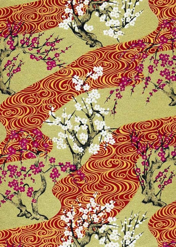 Papier Chiyogami 432C 19 1/2"x26"- Volutes orangées et fleurs