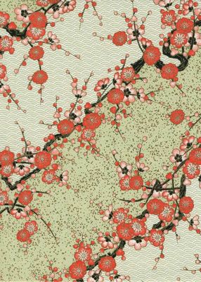 Papier Chiyogami 966C 19 1/2"x26"- Bandes ivoires et fleurs roses