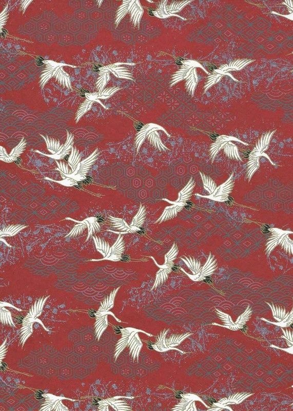 Papier Chiyogami 1004C 19 1/2"x26"- Oiseaux blancs sur fond rouge