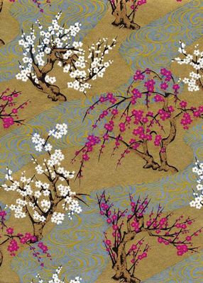 Chiyogami 859C 19 1/2"x26"- Gold & Blue swirls with flower trees