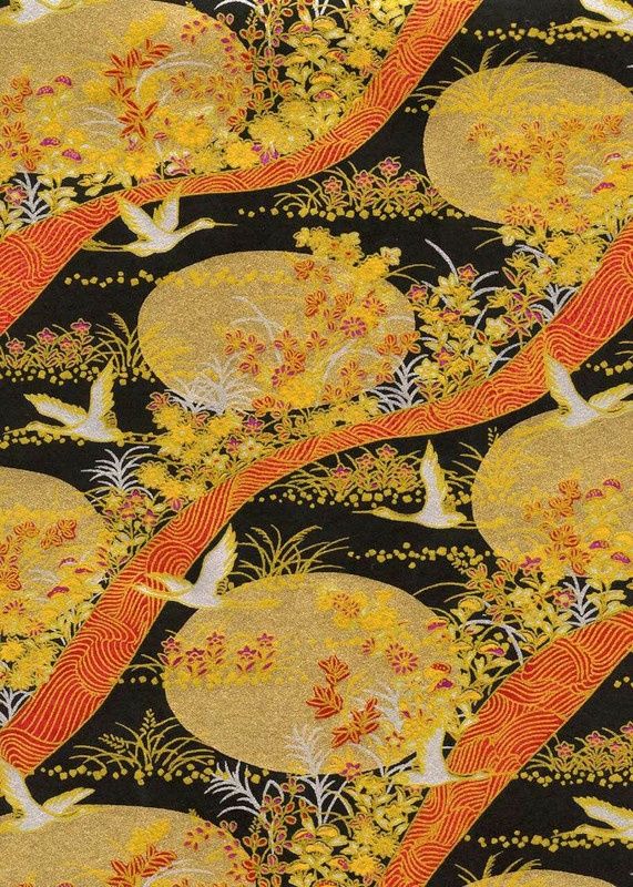 Papier Chiyogami 1077C 19 1/2"x26"- Noir et or, oiseaux et fleurs