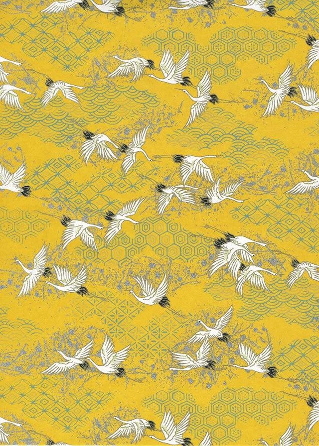 Papier Chiyogami 1005C 19 1/2"x26"- Oiseaux blancs sur fond jaune