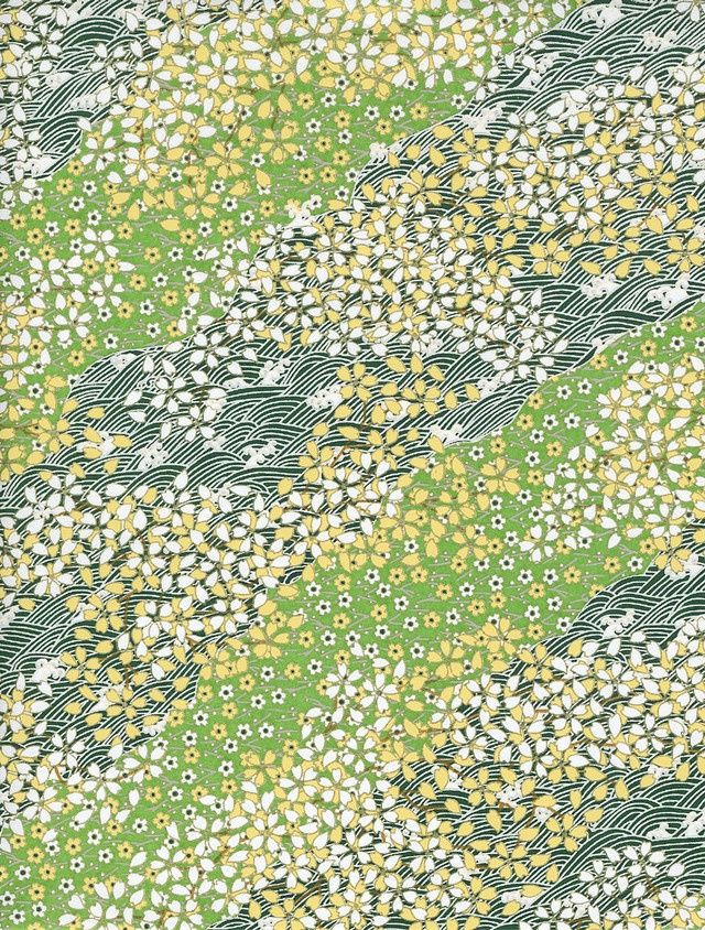 Papier Chiyogami 1072C 19 1/2"x26"- Fleurs sur fond vert