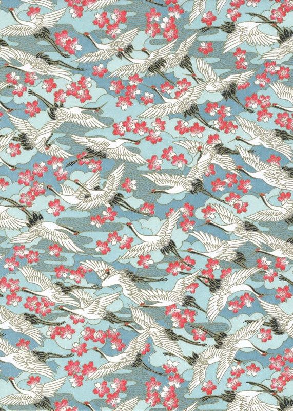 Papier Chiyogami 1024C 19 1/2"x26"- Grues blanches sur fond bleu turquoise et fleurs roses