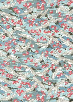 Papier Chiyogami 1024C 19 1/2"x26"- Grues blanches sur fond bleu turquoise et fleurs roses