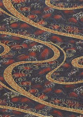 Papier Chiyogami 292C 19 1/2"x26"- Vagues rouges et noirs avec volutes dorées