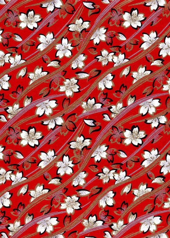 Papier Chiyogami 647C 19 1/2"x26"- Fleurs blanches sur fond rouge
