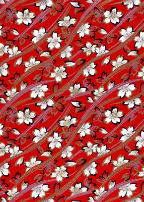 Papier Chiyogami 647C 19 1/2"x26"- Fleurs blanches sur fond rouge