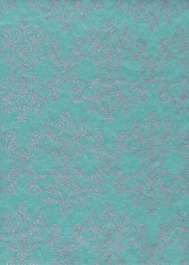 Papier Chiyogami 822C 19 1/2"x26"- Motif baroque argent sur fond turquoise