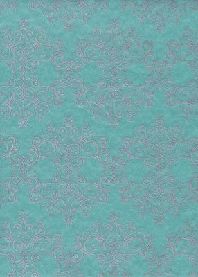Papier Chiyogami 822C 19 1/2"x26"- Motif baroque argent sur fond turquoise