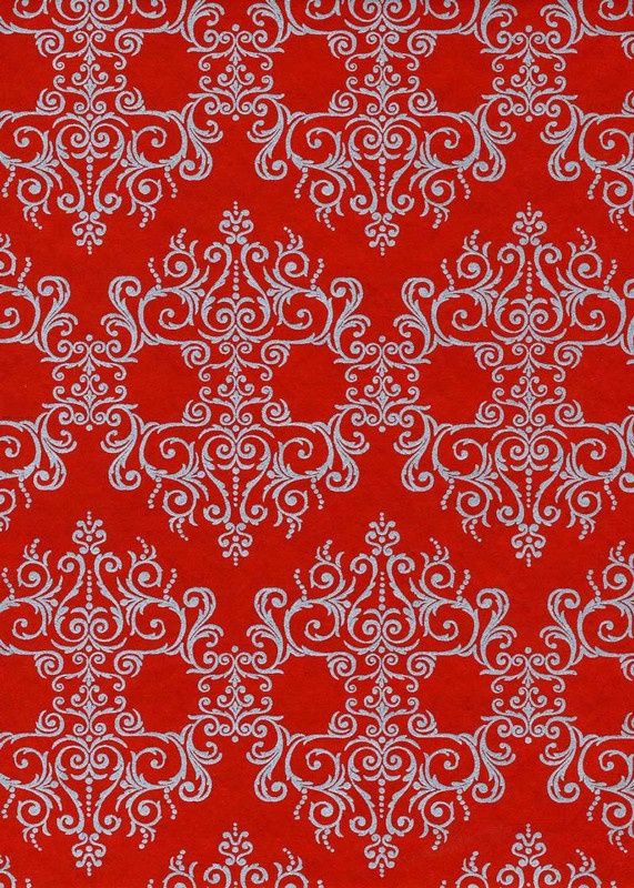 Papier Chiyogami 827C 19 1/2"x26"- Motif baroque argent sur fond rouge