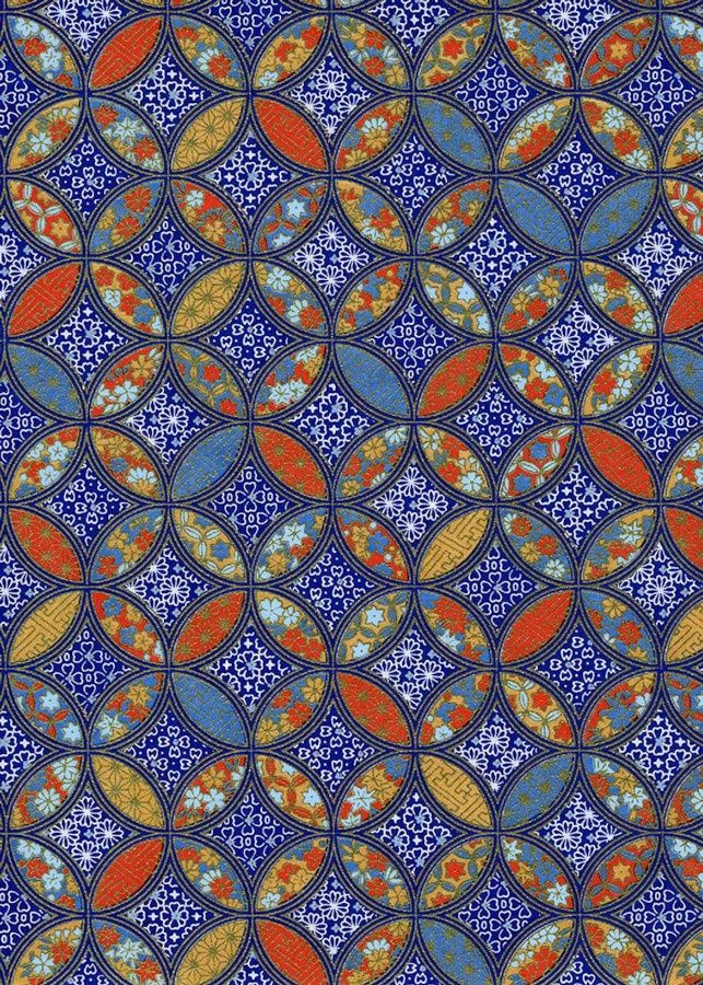 Papier Chiyogami 873C 19 1/2"x26"- Cercles fleuris bleus et oranges