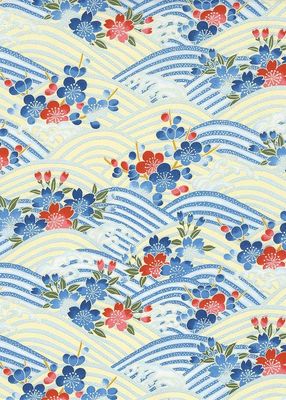 Papier Chiyogami 1009C 19 1/2"x26"- Fleurs bleues et rouges sur vagues bleues et ivoires