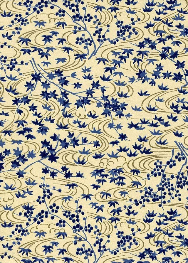 Papier Chiyogami 939C 19 1/2"x26"- Fleurs bleues sur fond ivoire