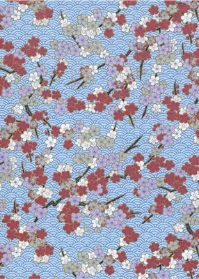 Papier Chiyogami 1049C 19 1/2"x26"- Fleurs roses et bourgogne sur fond bleu pâle