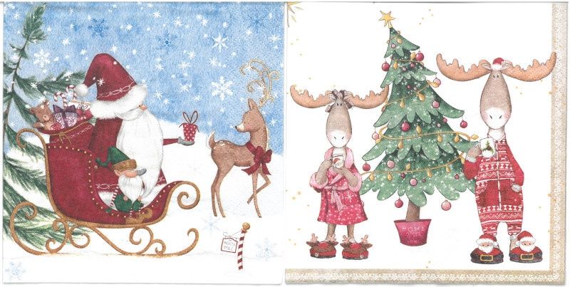 Serviettes de table - Père Noël dans son traîneau et Rennes (total de 10)