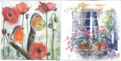 Serviettes de table - Oiseaux et coquelicots & Fenêtre fleurie (total de 10)