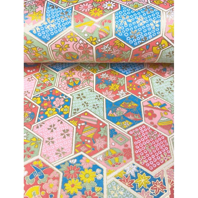 Papier Chiyogami 1074C 19 1/2"x26"- Formes géométriques florales et pastel