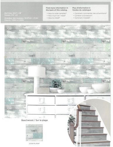 Peel & Stick Wallpaper 3'5"X8' NuWallPaperR, Motifs de papier peint: Bois de plage Bleu NU1647