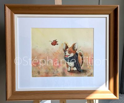 Aquarelle avec cadre "L'automne d'archibald" par Stéphanie Filion